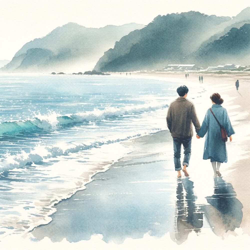 綺麗な海岸を２人で歩いているイメージ図