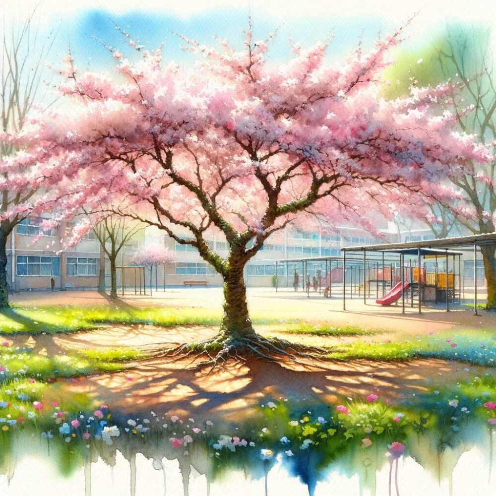 校庭に咲いている桜の花のイメージ図