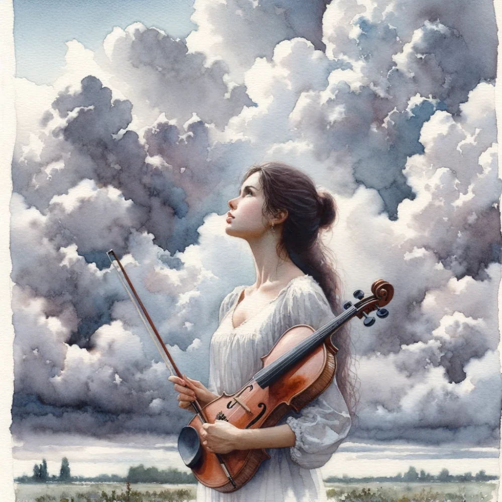 空を見上げているバイオリニストのイメージ図