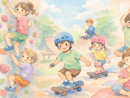 ボルダリングやスケボーなどを楽しんでいる子供たち