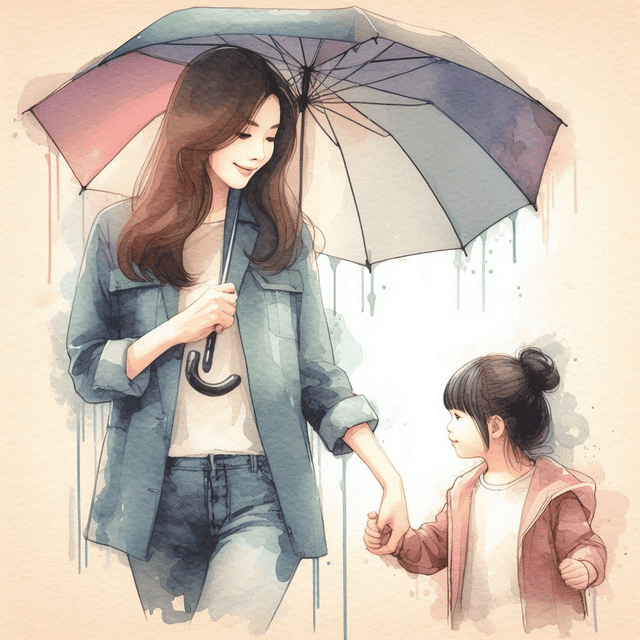 ママと女の子が雨の中歩いている光景を描いています。