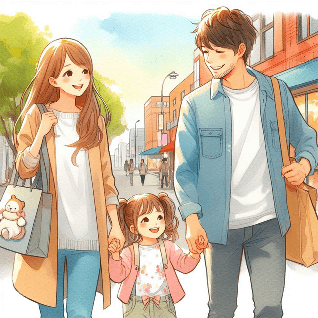 親子３人で幸せそうに歩いている光景を描いています。