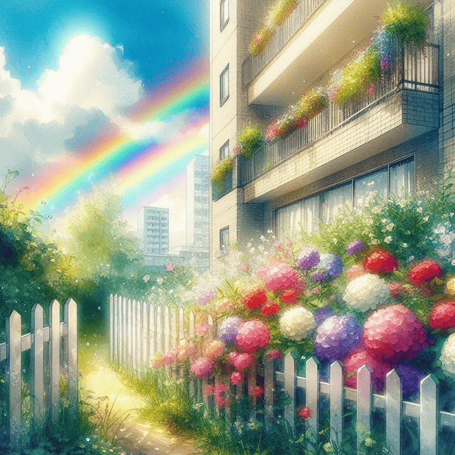 雨が上がって虹が出てマンションの前の旗たちが輝いている光景を描いています。