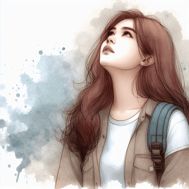 女性がぼんやり空を見上げている光景を描いています。