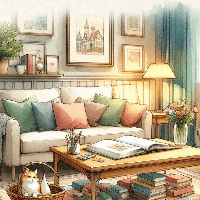 リビングに絵本が置いてある光景を描いています。