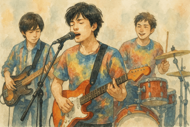3ピースバンドが演奏している光景を描いています。