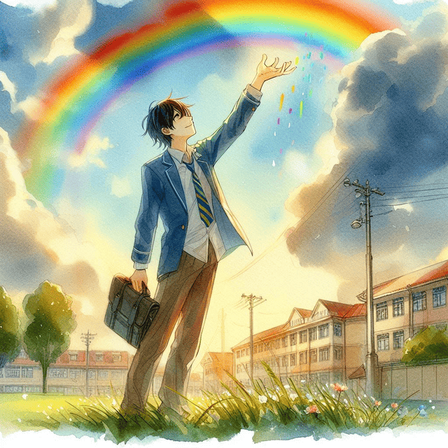 虹に向かって手を伸ばしている光景を描いています。