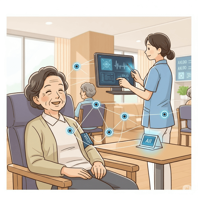 介護施設での見守りAIのイメージイラスト