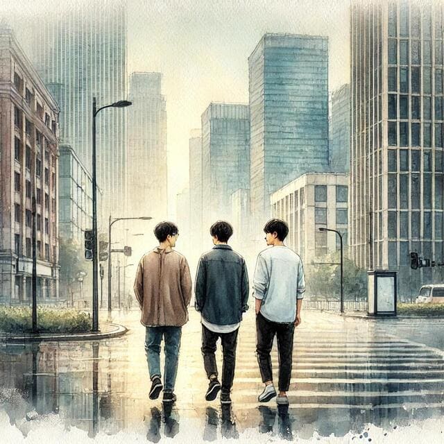 3人の男性が街の中を歩いている光景