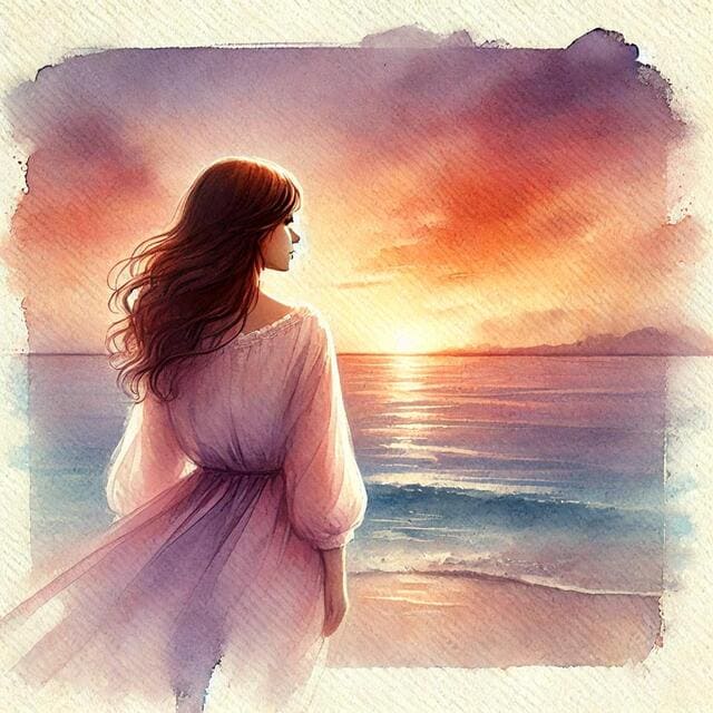 夕陽を見つめる女性のイメージ画像