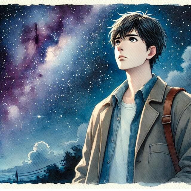 男性が夜空を見上げている光景を描いています。