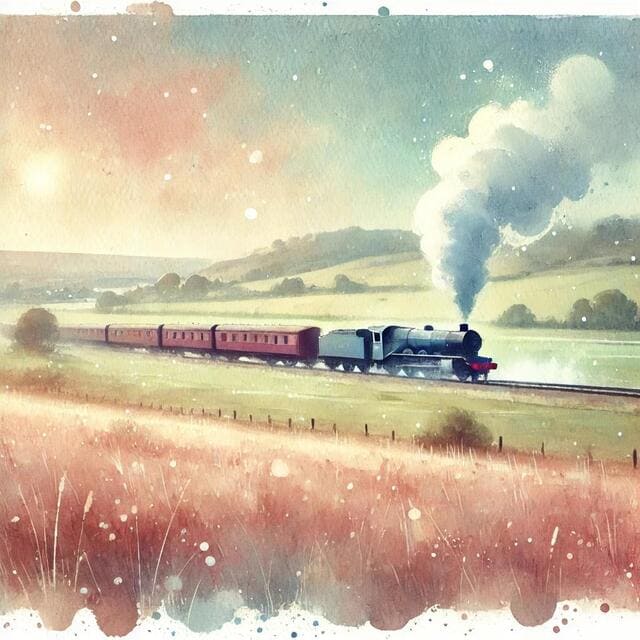 遠くで列車が走っている光景を描いています。