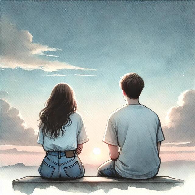 男女が朝日が昇る光景を眺めているイメ自画像