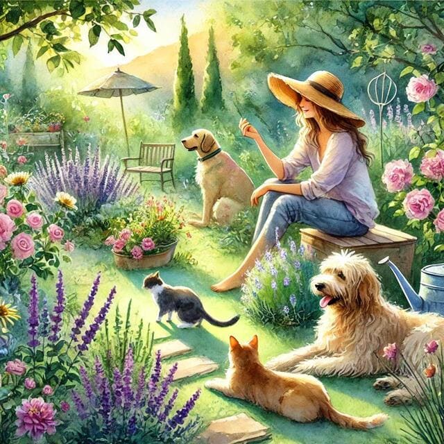 女性と動物たちがくつろいでいる光景