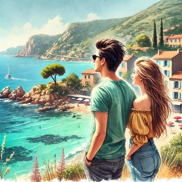 海を眺めている男女のイメージ画像