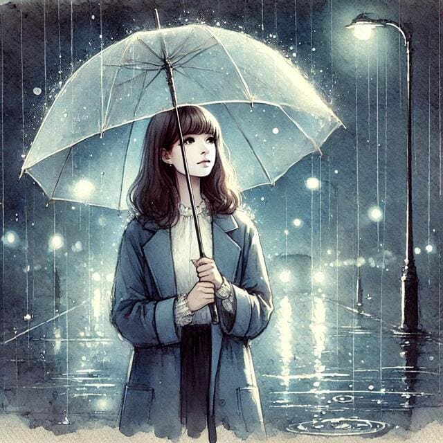 雨の中女性が傘を差しているイメージ