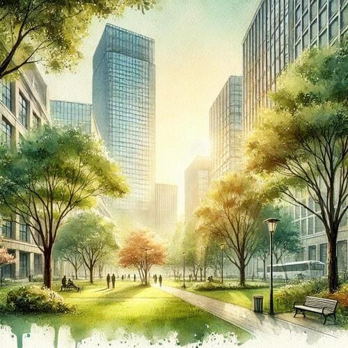 大都会の公園に光が差し込む光景