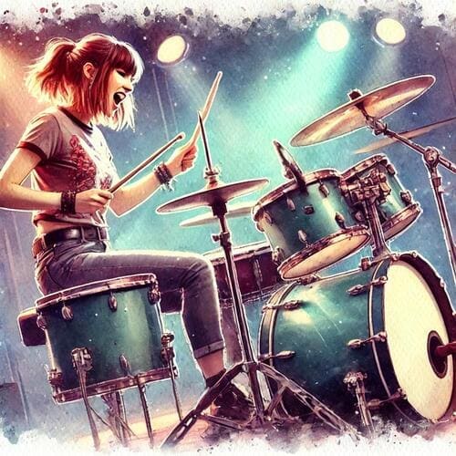 女性ドラマーがドラムをたたいている光景