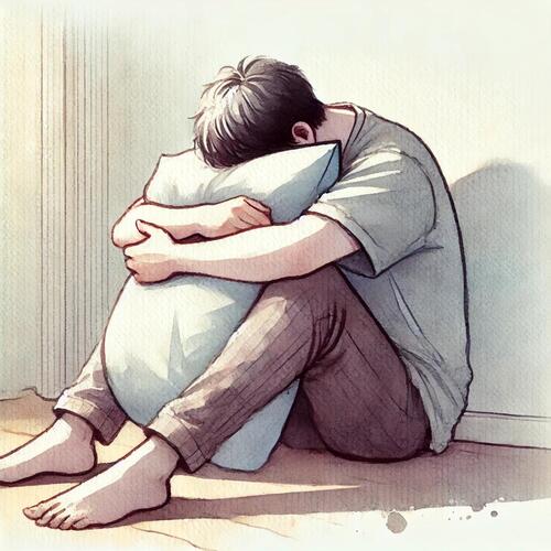 クッションに顔をうずめて泣いている男性