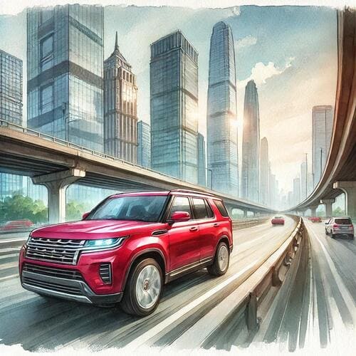 赤い車が高速道路を走っている光景