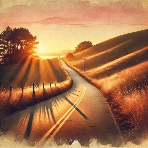 坂道を夕陽が照らしている光景