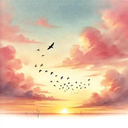 夕日が沈む前に鳥が飛んでいる光景