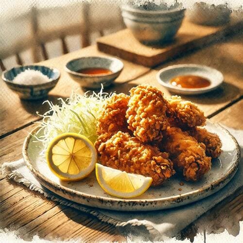 美味しそうな鶏のから揚げがテーブルに置いてある光景