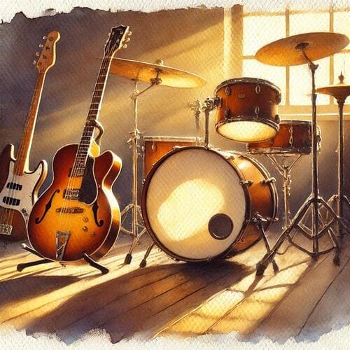 ドラムとギターとベースに暖かい光が差し込む光景