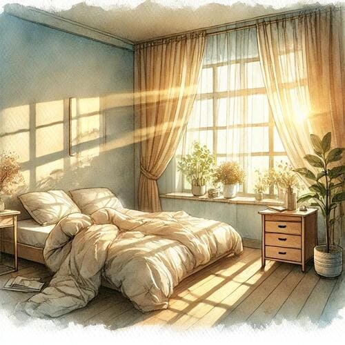 朝日が差し込む寝室のイメージ