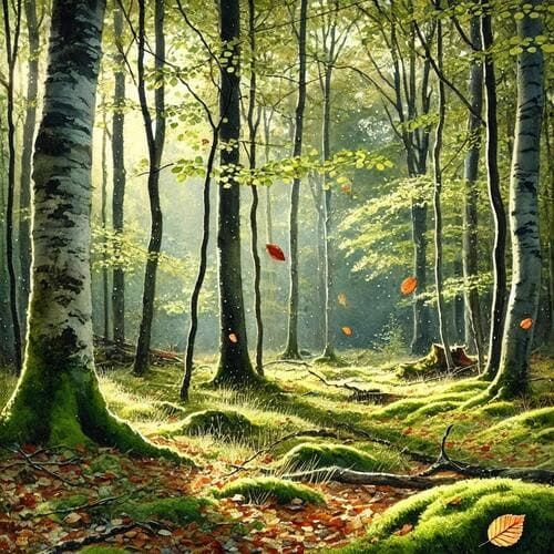 森の中で、木の葉が舞っているイメージ