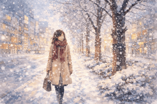 街路樹がある道を歩いている女性のイメージ