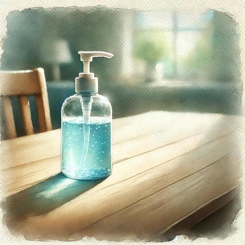 消毒液がテーブルに置いてある光景