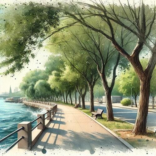 遊歩道の木々が揺れている光景