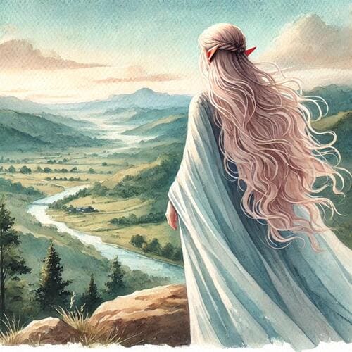 エルフが丘から景色を見ているイメージ