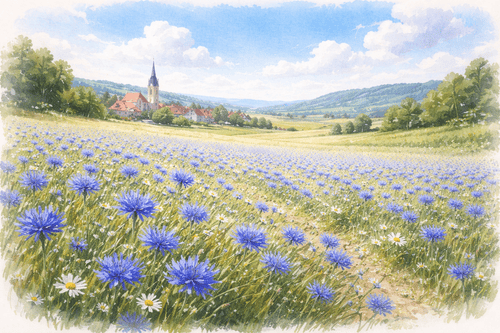 ドイツの田舎町に青い花が咲いている光景