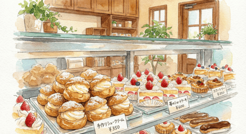 洋菓子店にケーキが並んでいる光景