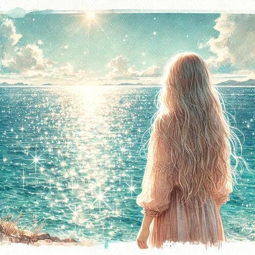 煌めく海を見ているひとりの女性
