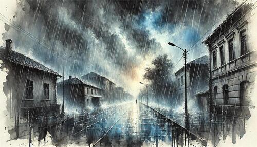 土砂降りの雨が降っている光景