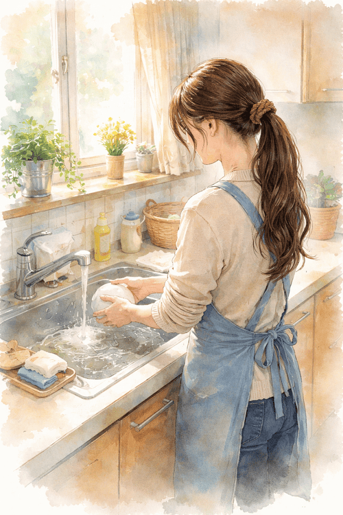 食器を洗っている女性