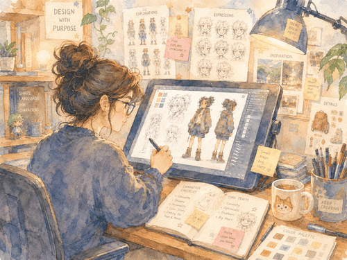 仕事部屋でイラストを描いている女の子