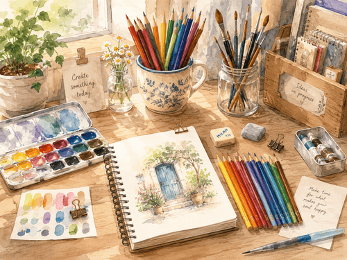 色鉛筆や画材道具が置かれている光景