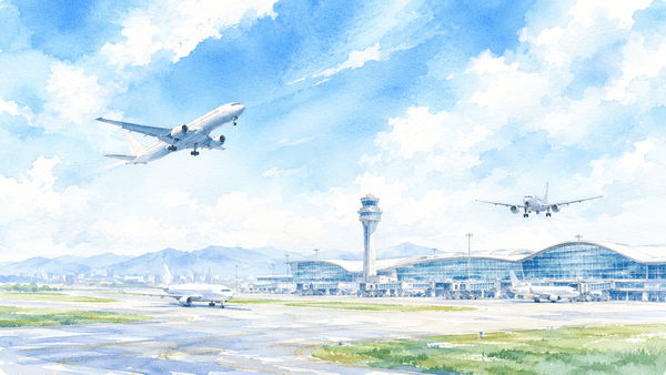 見出しのイメージとして空港で飛行機が離発着しているところを描いています。