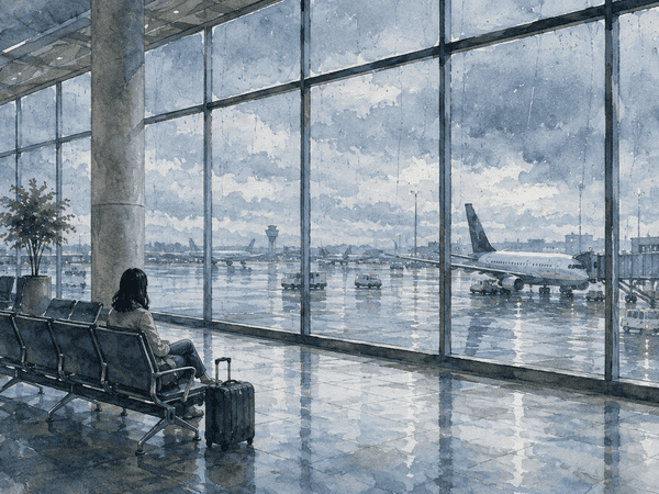 雨が降っている空港の様子（「大空港」の歌詞のイメージ）