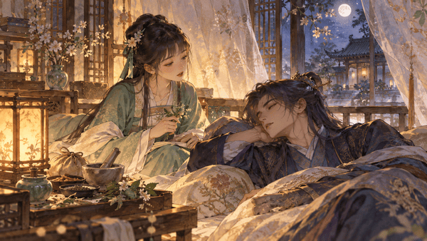 A dreamy illustration of a young woman softly singing beside a resting man in a moonlit room, surrounded by warm lantern light, herbs, and delicate flowers.