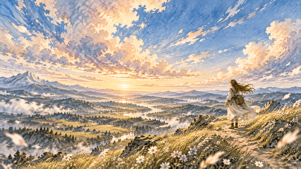 A dreamy watercolor illustration of a lone female traveler standing on a windswept hillside, gazing toward a golden sunset over a vast valley, with distant mountains, a winding river, and flowers swaying in the breeze.