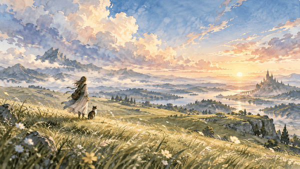 A dreamy watercolor illustration of a lone traveler overlooking vast grasslands, distant mountains, and a golden sky, with a gentle breeze flowing through the landscape.