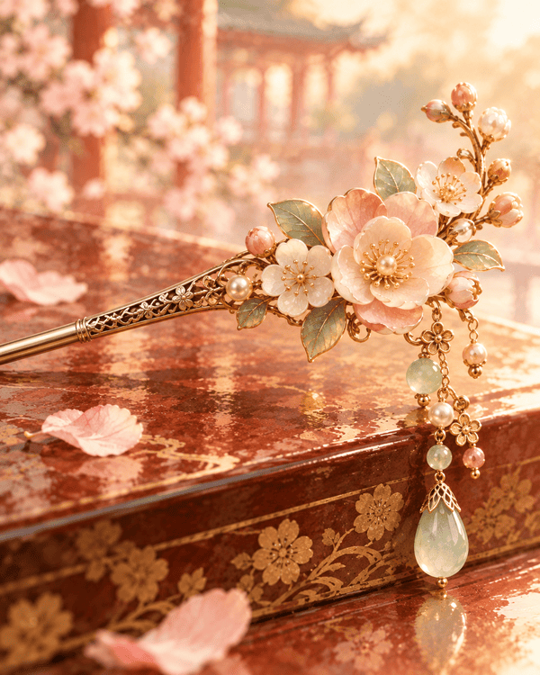 An ornate floral hairpin with pink and white blossoms, green leaves, pearls, and jade-like dangling charms, resting on a lacquered box with scattered cherry blossom petals.