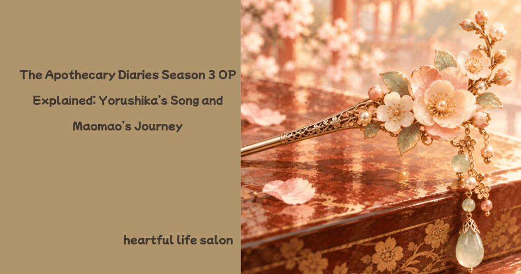 Featured image for an article about The Apothecary Diaries Season 3 opening theme by Yorushika, featuring an elegant floral hairpin with pink blossoms, pearls, and jade ornaments.